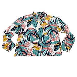Talbots Women's XL Tropical Leaf UPF 50+ Quarter Zip Pullover Top Multi Color